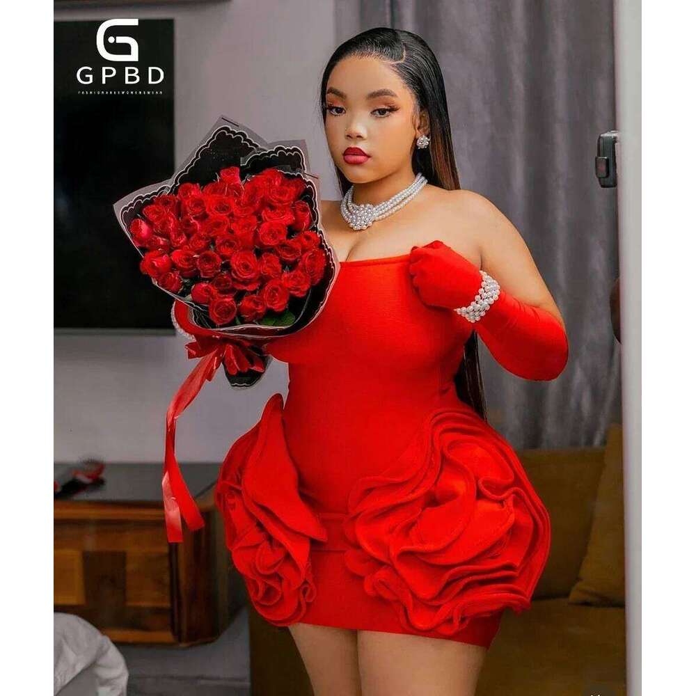 GPBD New Women's Sexy Strapless Handmade Three-Dimensional Big Flower Tight Mini Bandage Elegant Holiday Party Dress