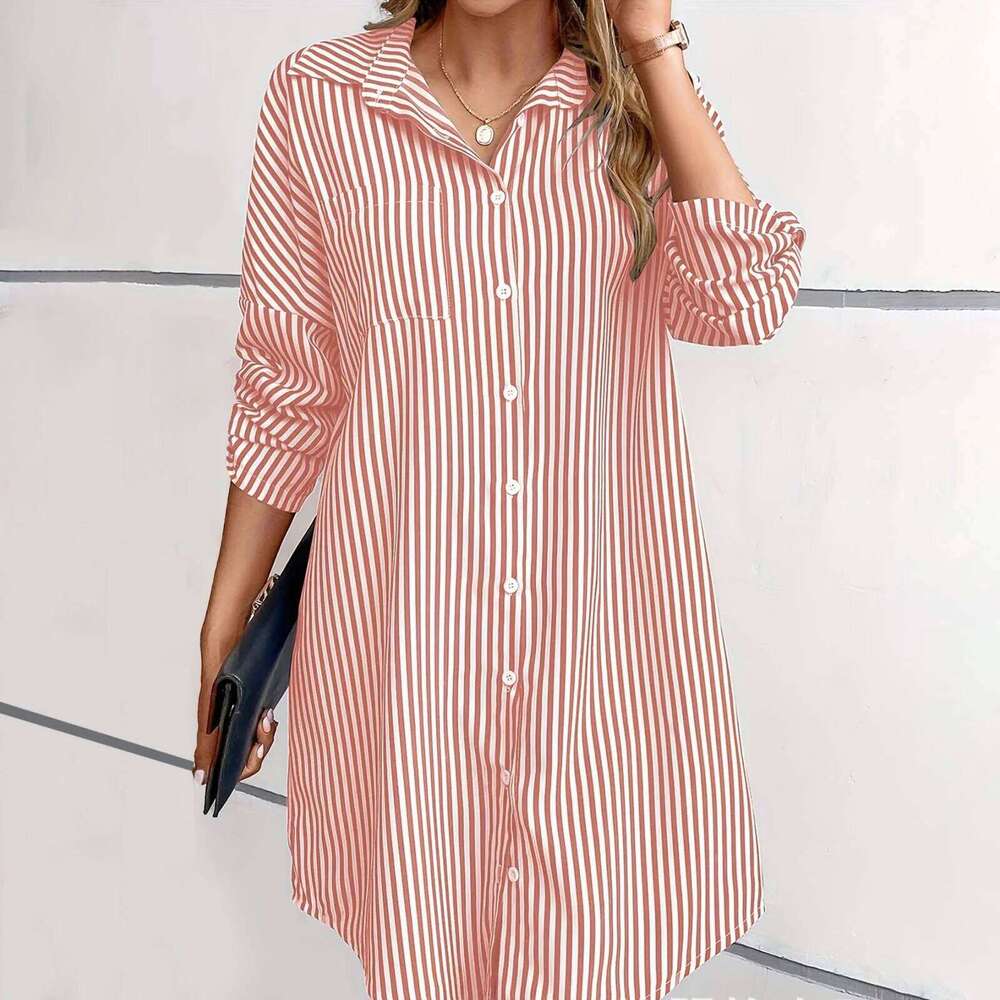 Women's Wear Ladies Fashion Striped Button Pocket Loose Versatile Long Sleeved Blouse Women Classic Stylish Street Shirts