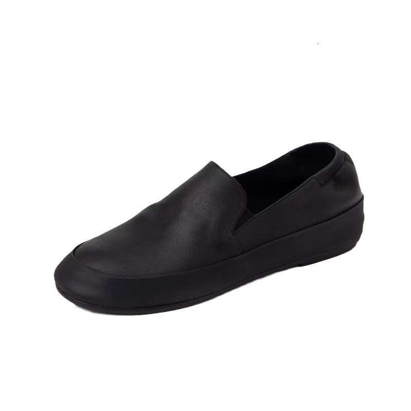 Genuine Round Toe Super Soft Loafers for Women Thick Sole Flat Slip-On Lazy Elastic Band Small Leather Single Shoes