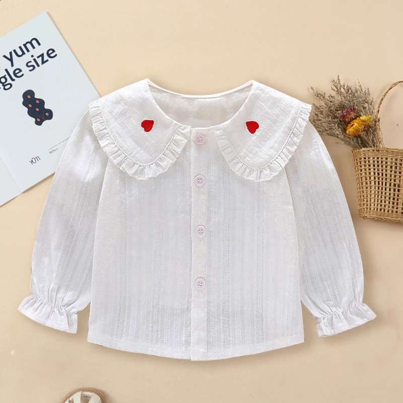 DAYIFUN Doll Collar Shirts Childrens White Cuffed Heart Embroidered ShirtSpring/Summer Solid Color Long Sleeved Fashion Top 250526bj