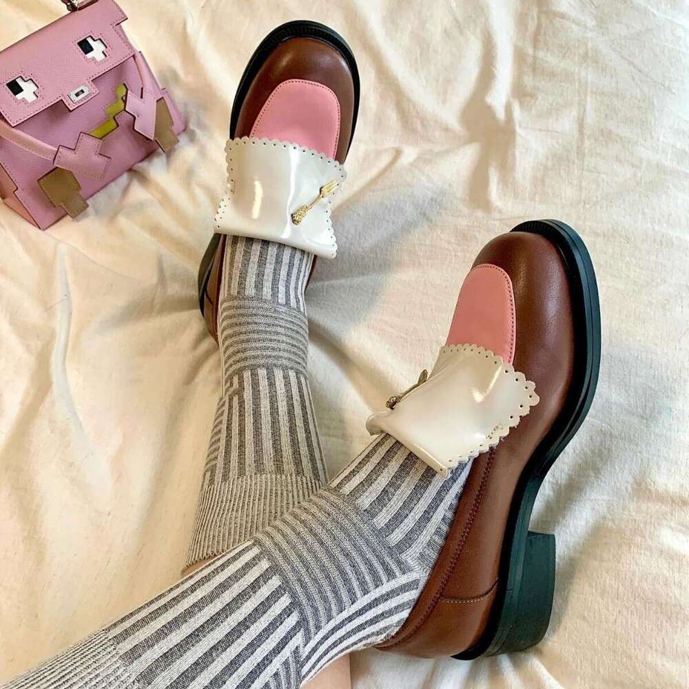 Genuine Gentle Style Niche Color Block Thick Sole Chunky Heel Round Toe Loafers for Women Spring and Autumn New Small Leather Deep Mouth Single Shoes