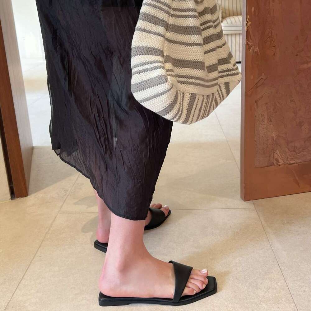 Genuine Leather Niche Irregular Upper Design Flat Square Toe One-Strap Sandals for Women Outdoor Wear 2024 Summer New Style