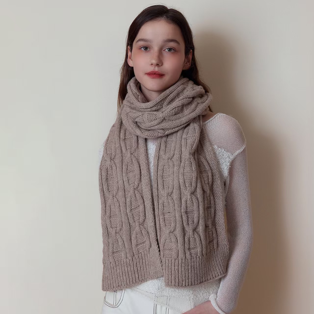 T837 retro thick needle twist wool solid color knitted scarf female winter soft waxy high-grade warm couple neck shawl