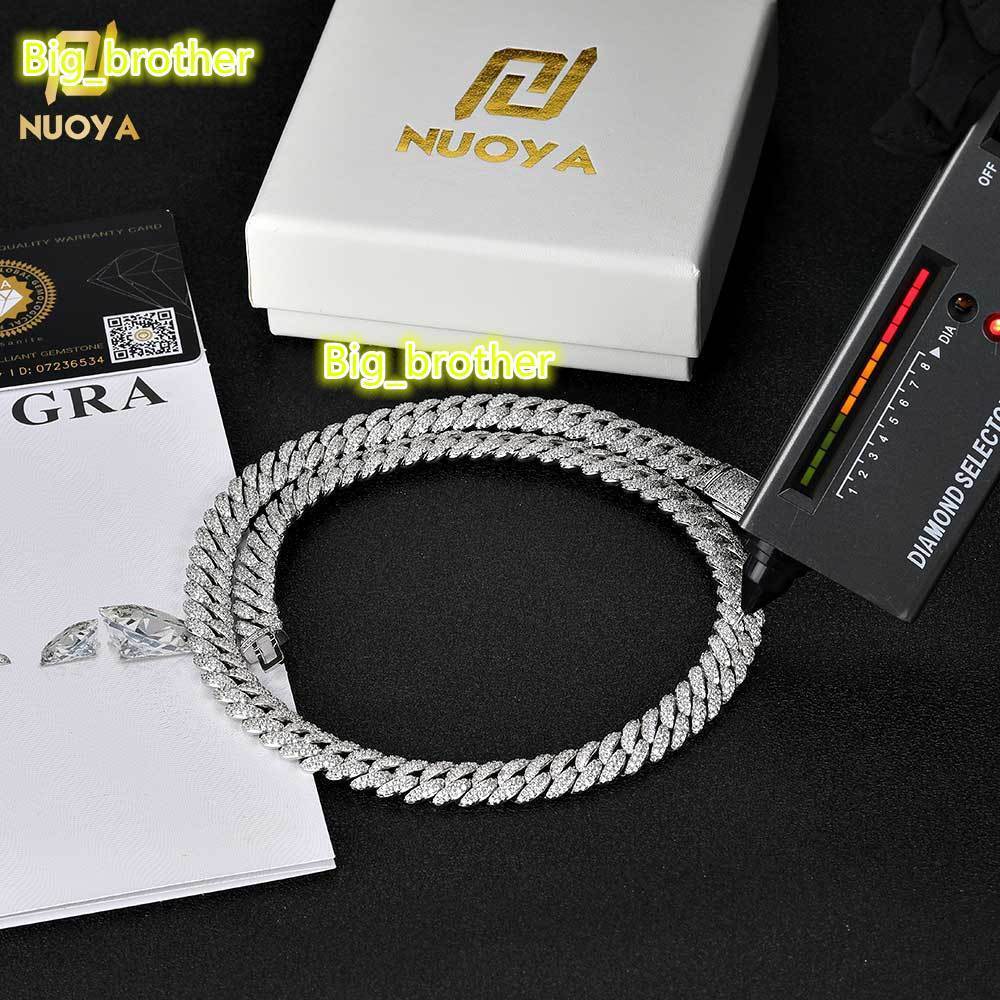NUOYA 10mm Moissanite 925 Sterling Silver Cuban Chain GRA Certificate Two Row VVS Moissanite Miami Cuban Chain Diamond Necklace