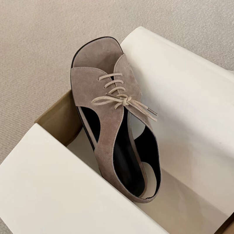 Korean Style Genuine Leather Suede Square Toe Lace-up Flat Open-toe Casual for Women 2024 Summer New Beach Sandals