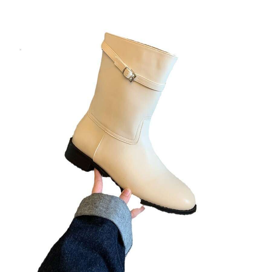 Korean Style White Short for Women 2024 New Autumn Winter Wide Tube Round Toe Chunky Heel Western Cowboy Belt Buckle Martin Boots