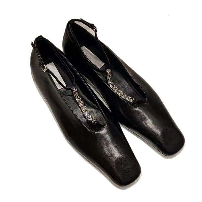 Genuine Leather French Style High-End Rhinestone T-Strap Square Toe Shallow Mouth Flat Mary Jane Shoes for Women Spring and Autumn