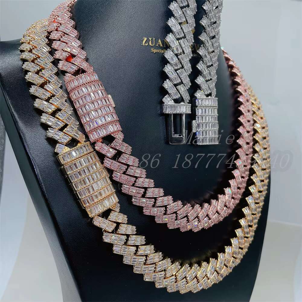 baguette Moissanite Silver Hip Hop Cuban Link 18mm Vvs High Quality baguette Diamond Hip Hop Jewelry Cuban Link Chain