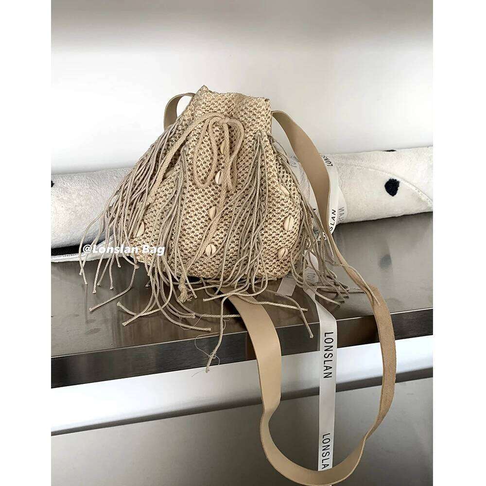 Women's Bags Designer Tassel Shell Straw Summer Bucket For Women Wide Strap Shoulder Bag Bohemian Rattan Beach Bags Purses And Handbags Chic