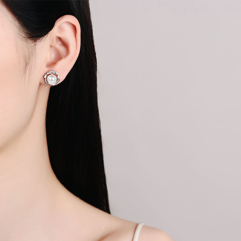Sterling silver moissanite pearl floral bud stud earrings for women, elegant minimalist design, sweet and stylish daily wear jewelry