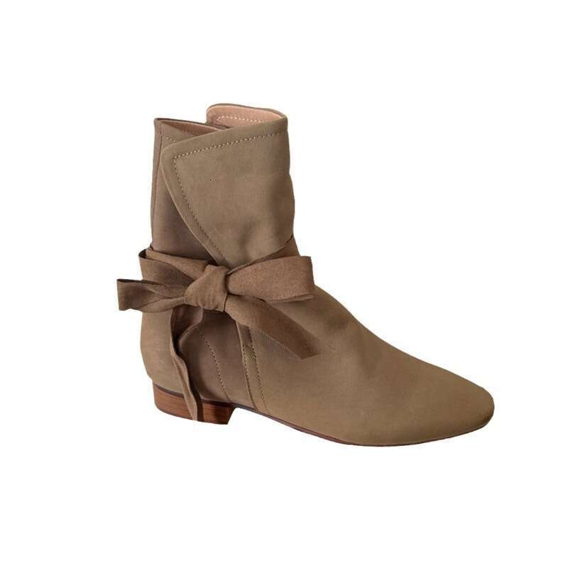 Korean Style Niche Genuine Leather Square Toe Bowknot Lace-up Slim Short Women Autumn Winter Chelsea Martin Boots