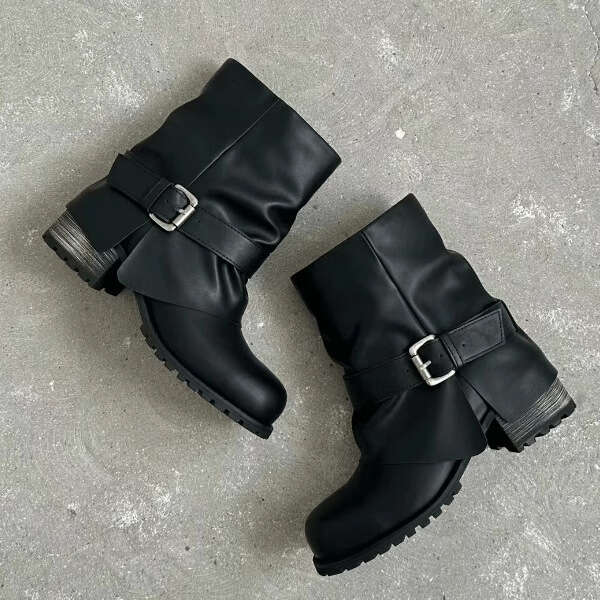 Genuine Leather Niche Korean Style Belt Buckle Chimney Sleeve Tube Pants Women Autumn Winter New Thick Heel Round Toe Short Boots