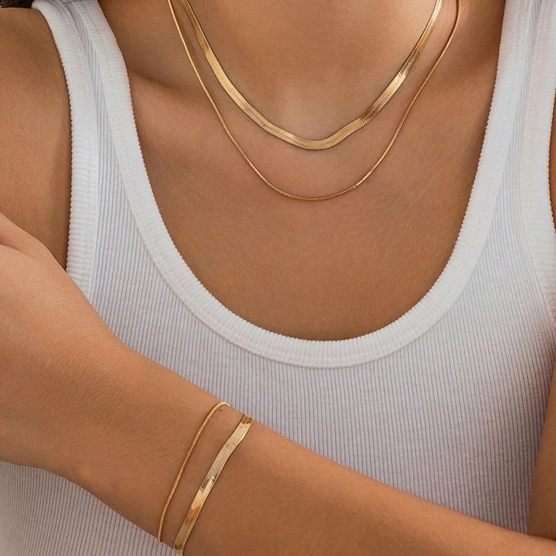 2pc Minimalist DoubleLayer Snake Chain Necklace Bracelet Set Stainless Steel Women Jewelry Gift for Christmas Valentines Day 250519