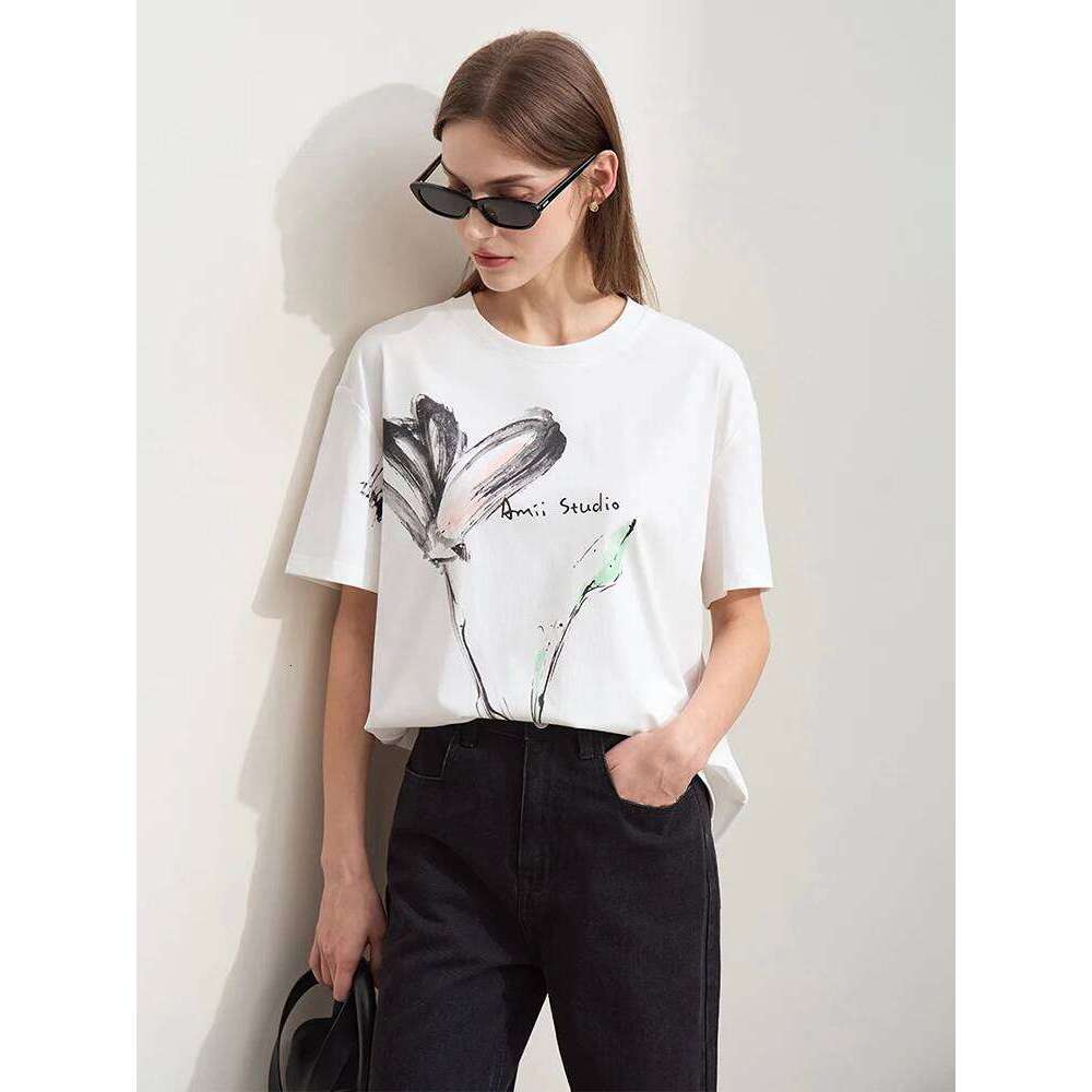 Amii Minimalism 2024 T-Shirt Women Summer New O Neck Ink Art Print Cool Feeling Short Sleeve Loose Cotton Tee Tops 12442185