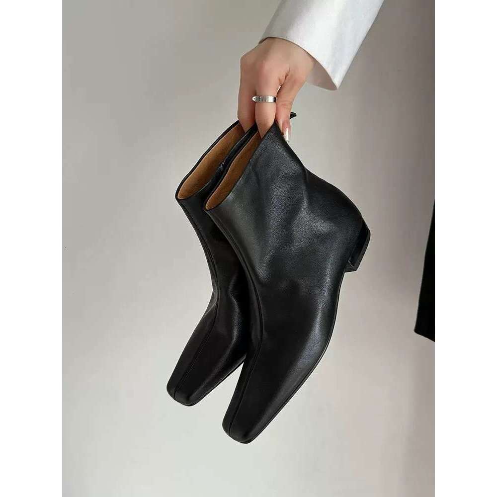 French Style Minimalist Square Toe Ankle Flat Slim with Back Zipper Short for Women Autumn Winter New Versatile Martin Boots