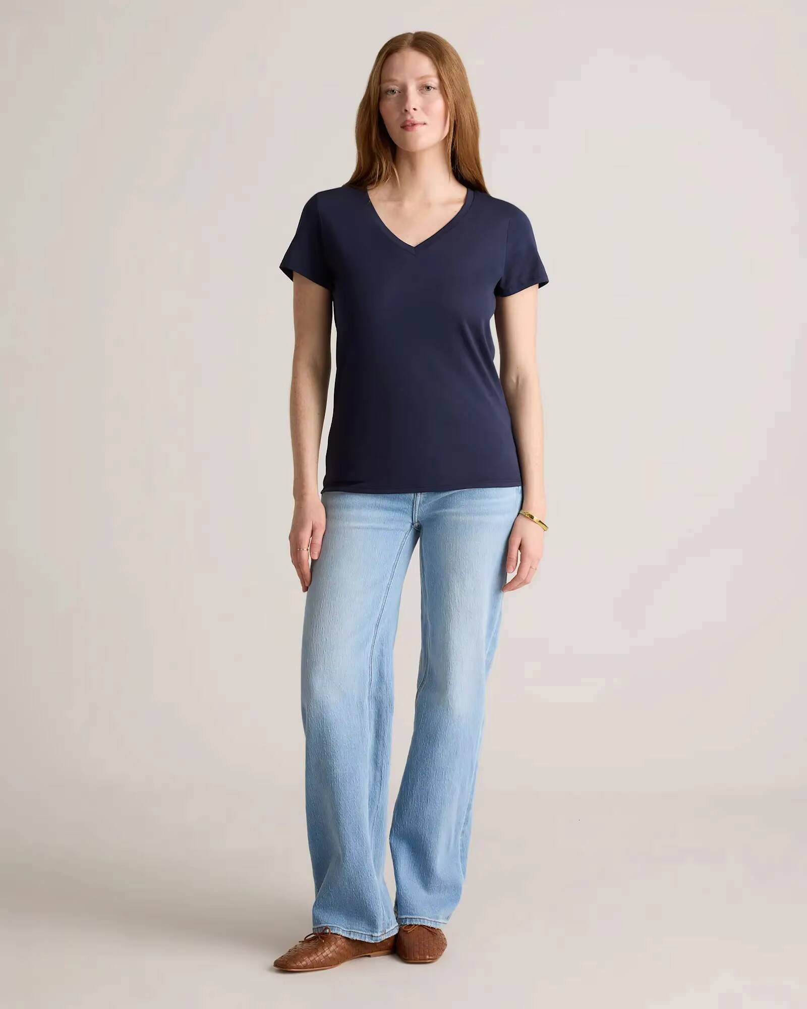 Logo High-Quality Blue Short Sleeve Premium Cotton V-Neck Women's T-Shirt