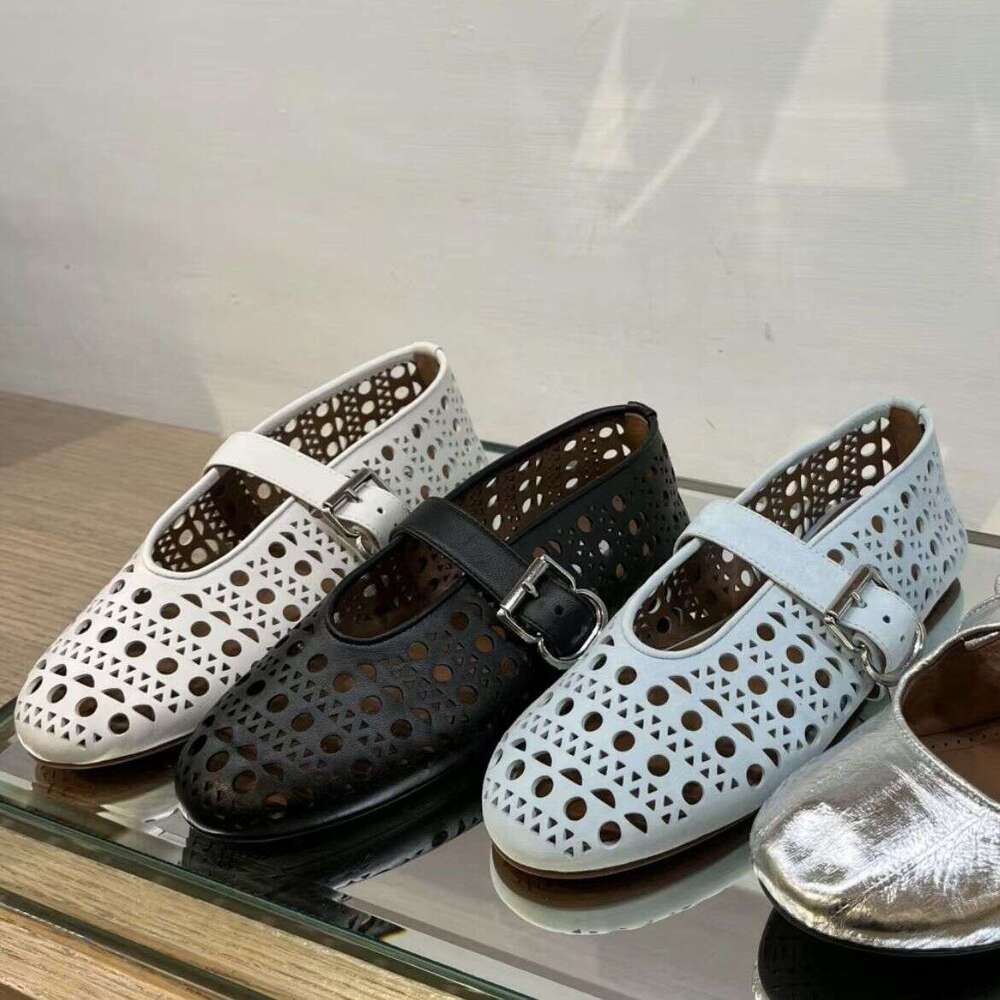 Genuine Leather Shallow Mouth One-Strap Round Toe Hollow Flat Ballet Women Spring Summer New Mary Jane Shoes