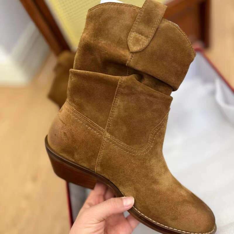 Niche Western Cowboy Mid-Calf Wrinkled Slouch Women 2024 New Autumn Winter Thick Heel Short Boots