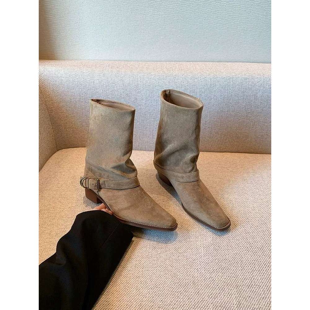 Genuine Leather Suede Square Toe Chunky Heel Western Cowboy Martin for Women Autumn Winter New Belt Buckle Mid-Calf Boots