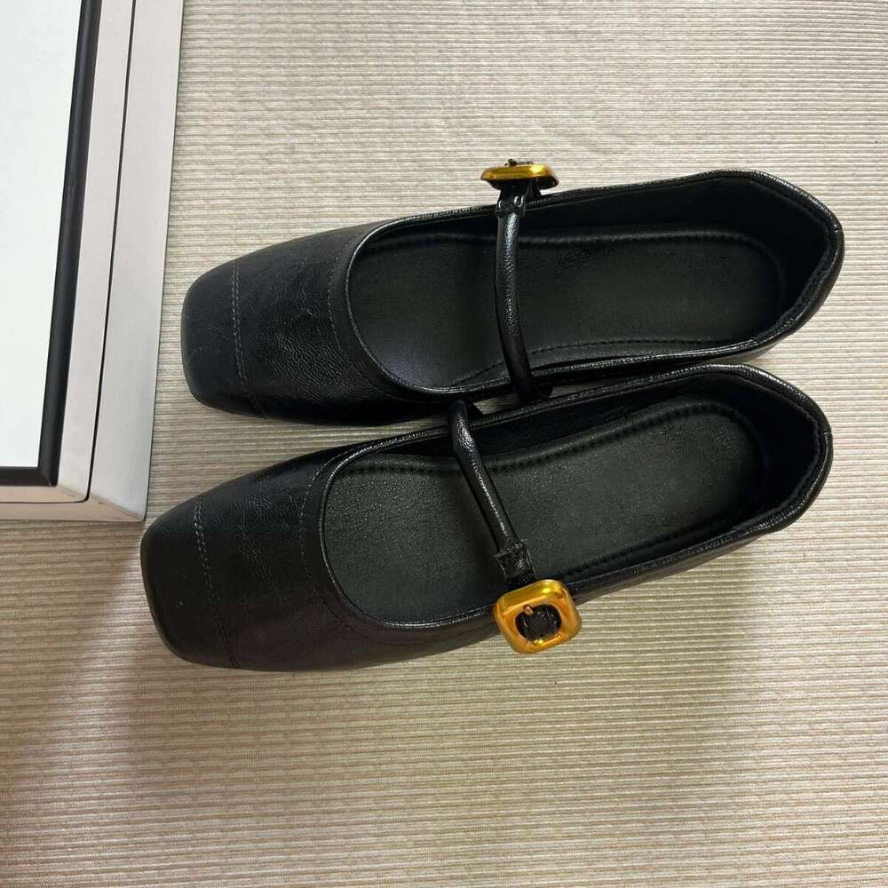 Genuine Small Gold Buckle Soft Sole Flat One-Strap Mary Jane for Women, Autumn Versatile Square Toe Leather Shoes