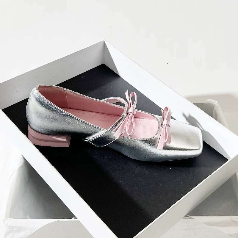 Korean Style Genuine Square Toe Shallow Mouth Double Bow Mary Jane for Women 2025 Spring Chunky Heel Loafers Small Leather Shoes