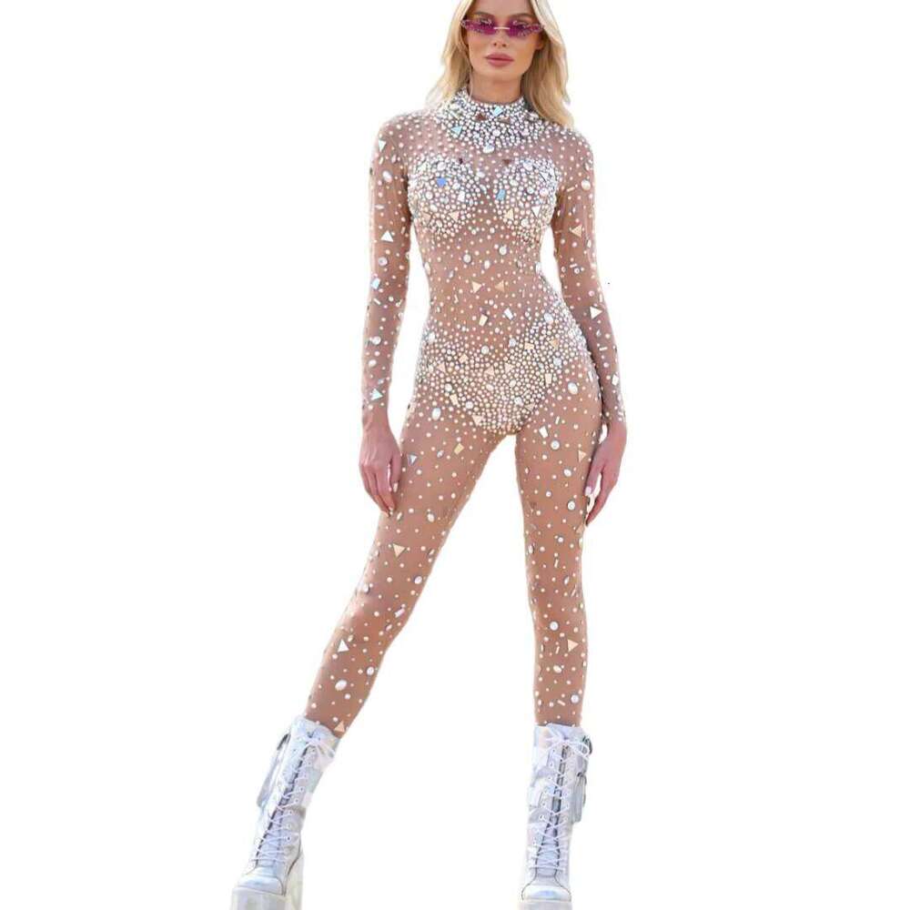 Sexy Mesh Festival Dancer Outfit Show Performance Wear Women Party Club Bodysuits Female Sequins Pearls Rhinestone Jumpsuits
