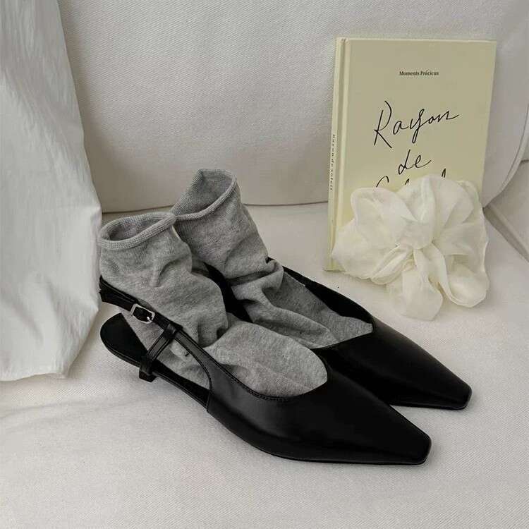 Genuine Leather French Style Square Toe Stiletto Mules for Women 2025 New Spring Summer Elegant Low Heel Back Strap Sandals