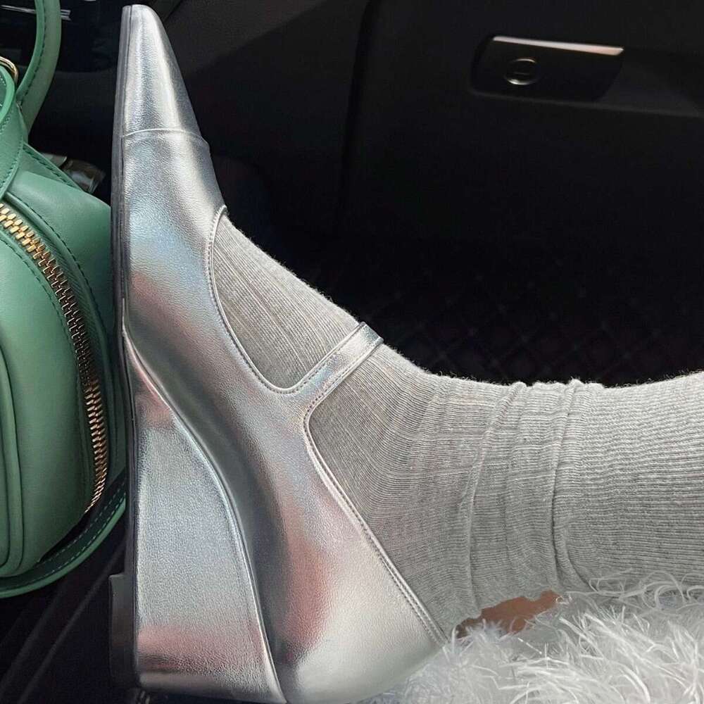 Genuine Leather Silver French Niche One-Strap Thick Heel Wedge Pointed Toe Mary Jane Shoes for Women Spring Summer High Heels