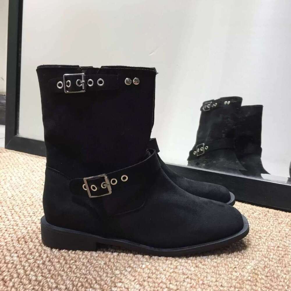 Korean Style Niche Square Toe Suede Western Cowboy for Women 2024 Autumn Winter Belt Metal Buckle Martin Short Boots