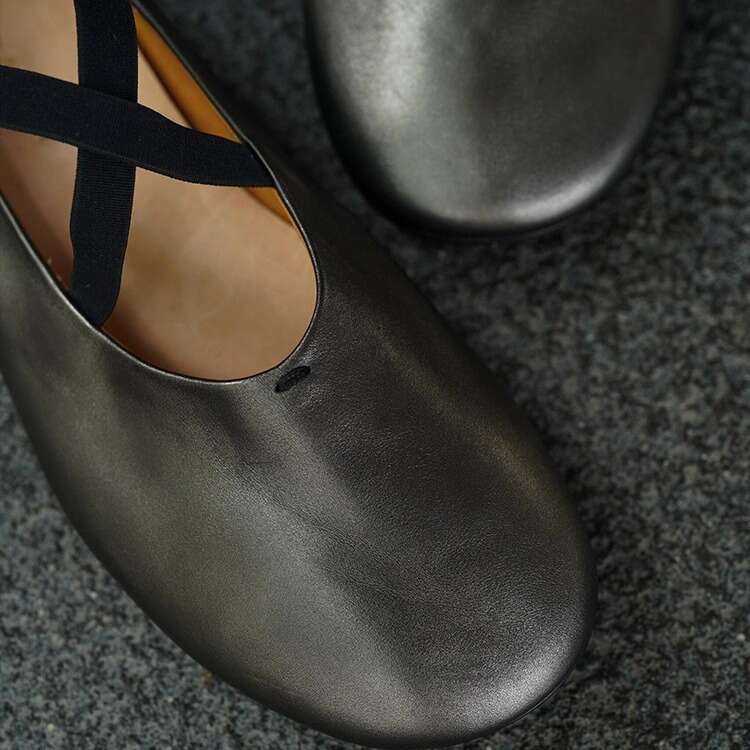 Genuine Leather Niche Round Toe Cross Strap Soft Sole Flat Ballet Shallow Mouth Mary Jane Single Shoes for Women Summer Autumn