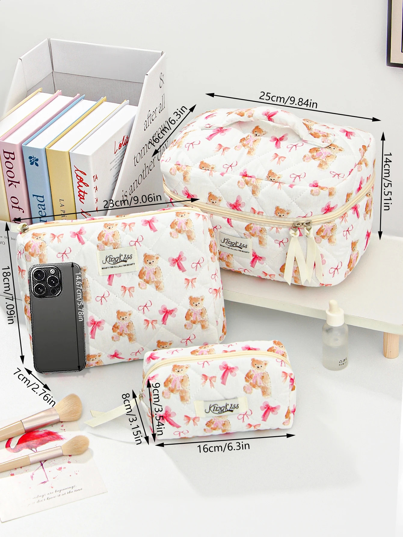 Cute Small Bear Pattern Makeup Bag Set Quilted Cosmetic Aesthetic Travel Toiletry Bags 250528