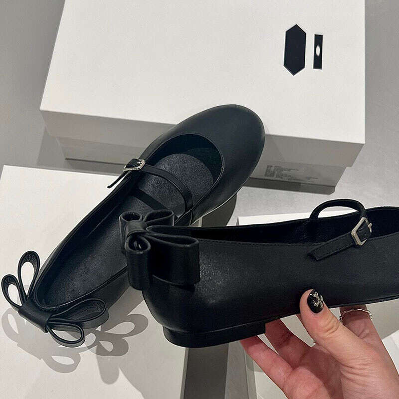 Genuine Leather French Style Back Bowknot Shallow Mouth One-Strap Mary Jane for Women Spring and Autumn New Ballet Flat Shoes