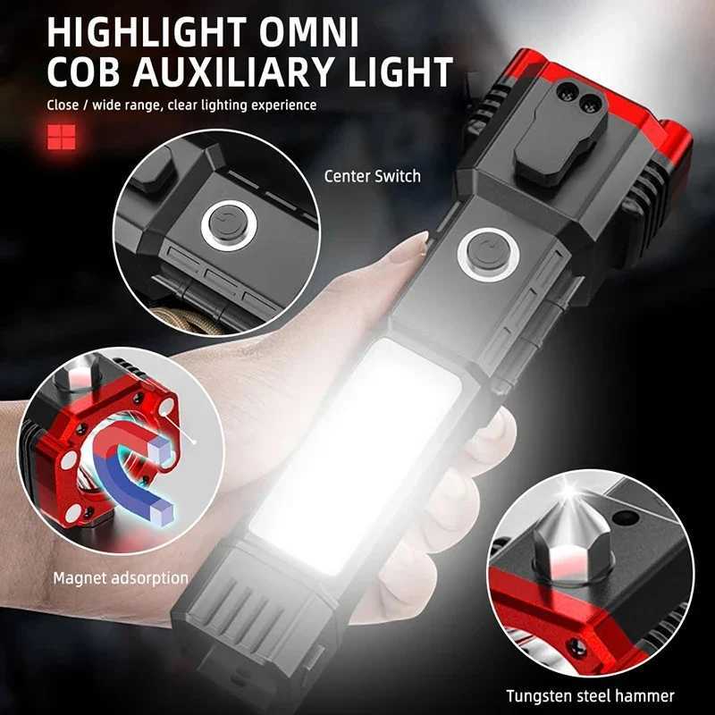 Super Bright LED Flashlight with Safety Hammer and Strong Magnets Side Light Torch Light Portable Lantern for Adventure Camping XJ250529