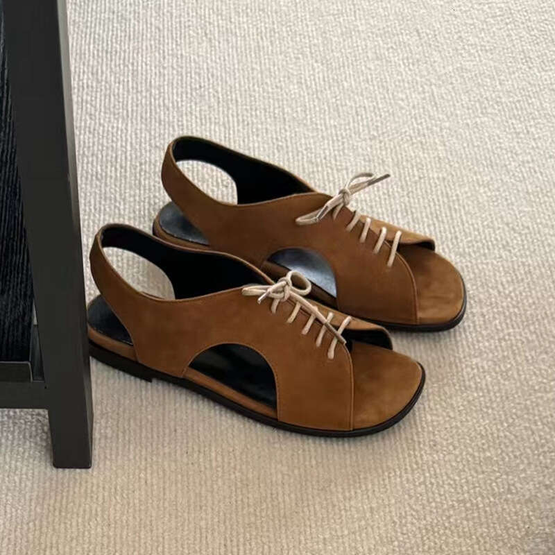 Korean Style Genuine Leather Suede Square Toe Lace-up Flat Open-toe Casual for Women 2024 Summer New Beach Sandals