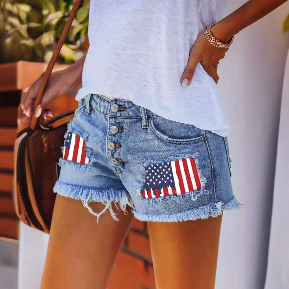 Shorts Women Denim Shorts Trendy Buttoned Printed Patchwork Denim Shorts For Women With Rips And Fringes Jean Shorts