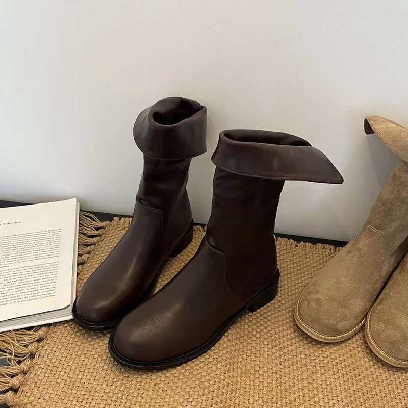 Korean Style Two-Way Split Fold Martin for Women, Autumn Winter Chunky Heel Western Cowboy Mid-Calf Short Boots, Chelsea Boots