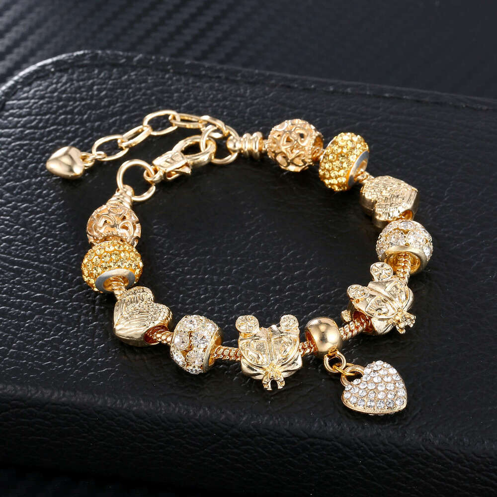 Electroplated Color-Retaining KC Gold Full Dia Heart Pendant Alloy Large Hole Beaded Bracelet DIY Jewelry