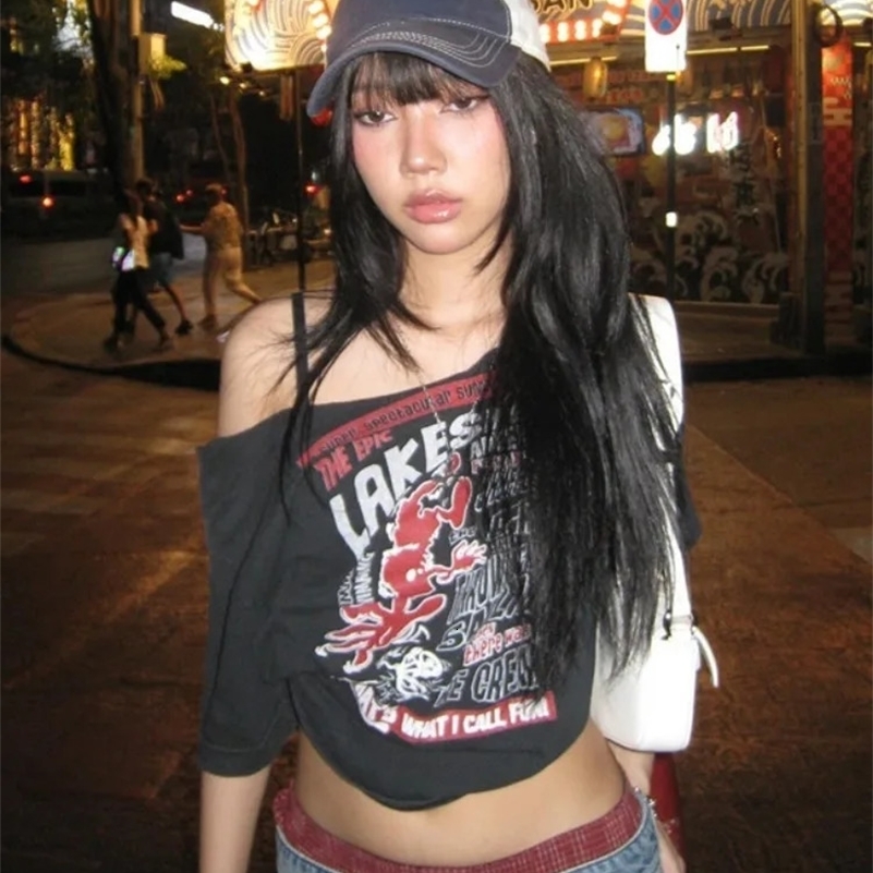 Gothic Tee Y2k Letter Print Off Shoulder Punk T-shirts Women Harajuku Summer Streetwear Grunge T Shirt Aesthetic Sexy Crop Tops 250517CJ