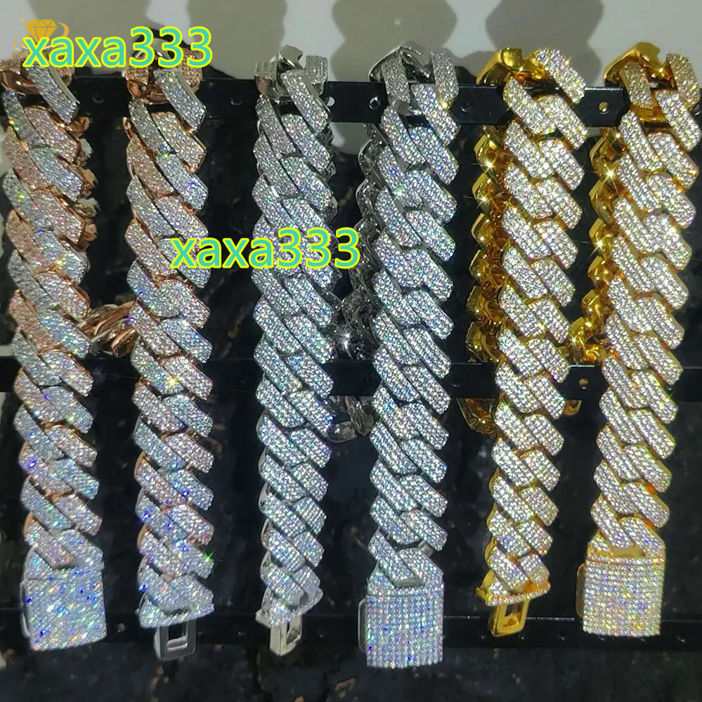 Fashion Jewelry Bracelets Necklaces 6mm-20mm 10K 14K 18K Gold 925 Sterling Silver 3 Rows Moissanite Cuban Link Chain
