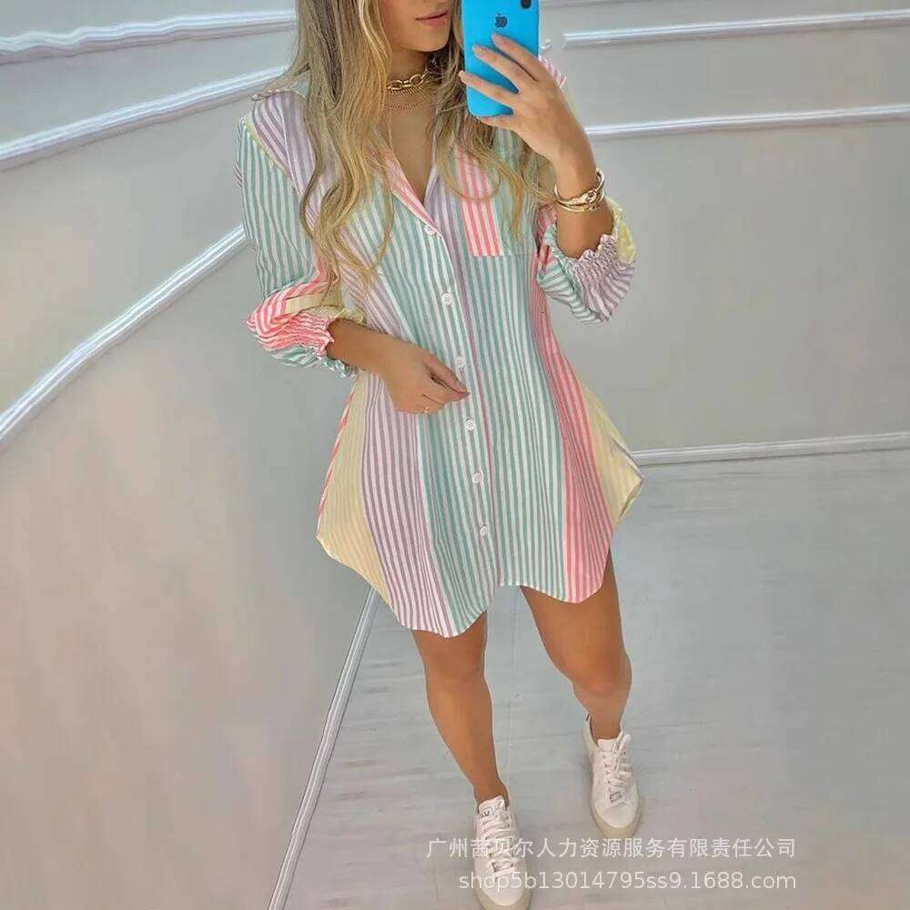 Women's Wear Women Summer Spring Loose Color Striped Shirt Mini Dress Long Sleeve Single Breasted Top Shirts