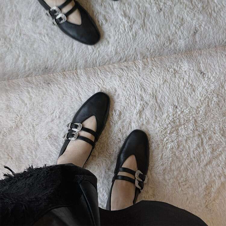 Genuine Leather French Niche Double Metal Buckle V-Neck Flat Mary Jane Shoes Women Spring Autumn New Loafers