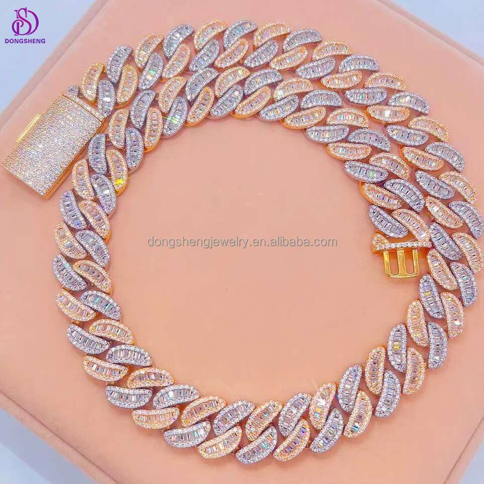 High Quality Hip Hop Jewelry 925 Silver 18mm 20mm Ice Out Vvs baguette Diamond Moissanite Cuban Link Chain for Mens