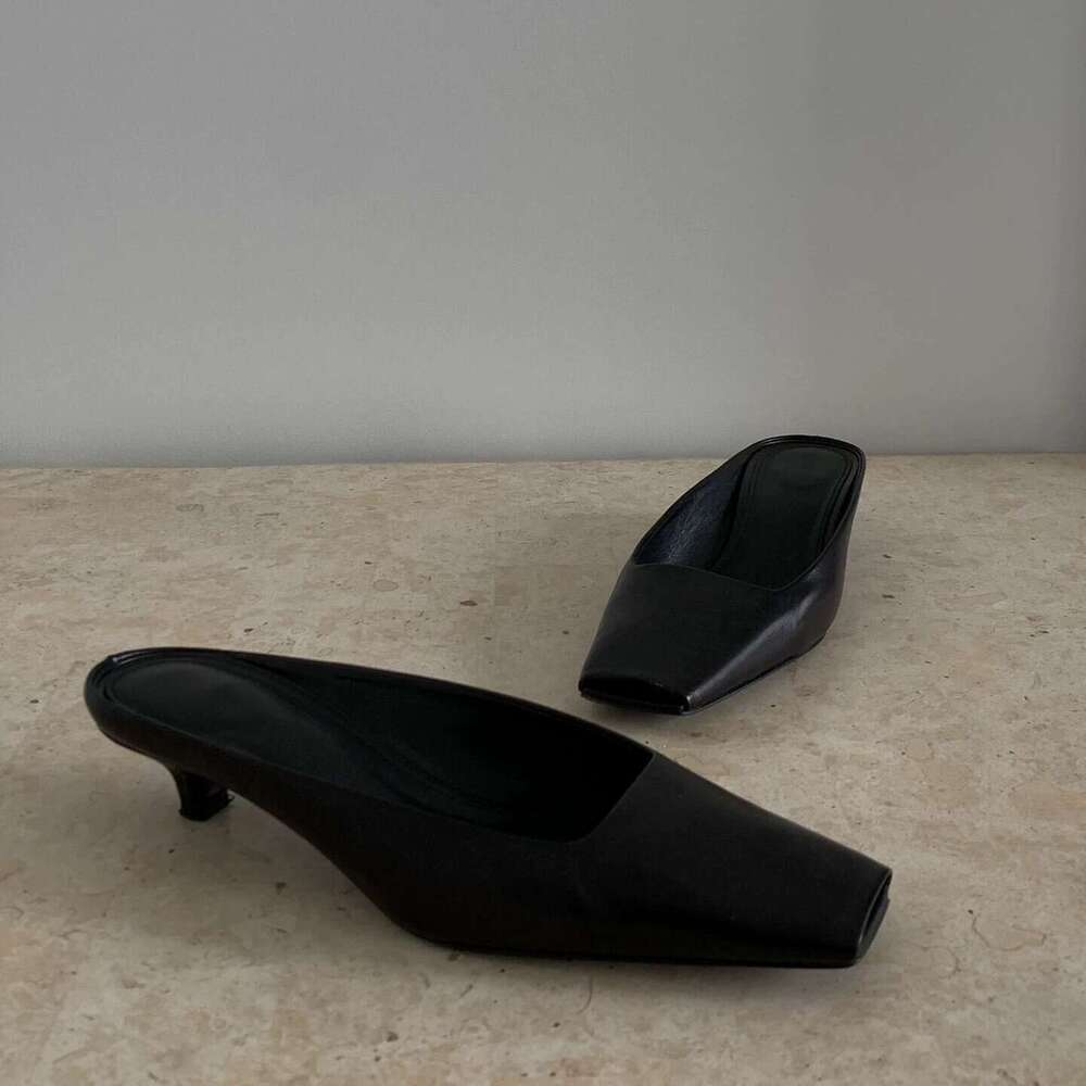 Genuine Leather French Square Toe Cat for Women 2025 Spring Summer New Fashion Thin Heel Mules Sandals