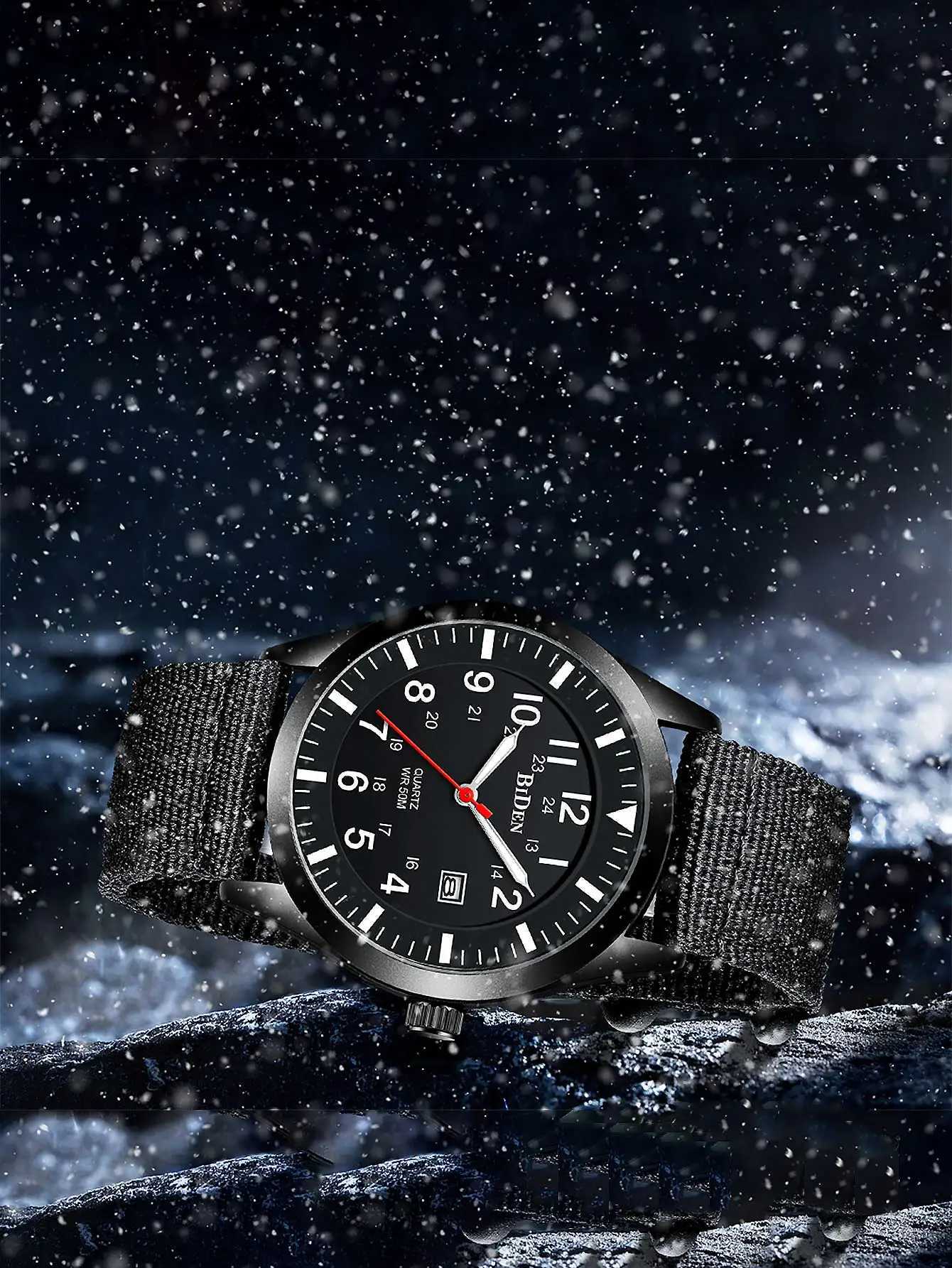 BIDEN Fashionable Mens Sports Quartz Watch Simple Nylon Strap Night Light Automatic Date Waterproof Mens Watch W250529