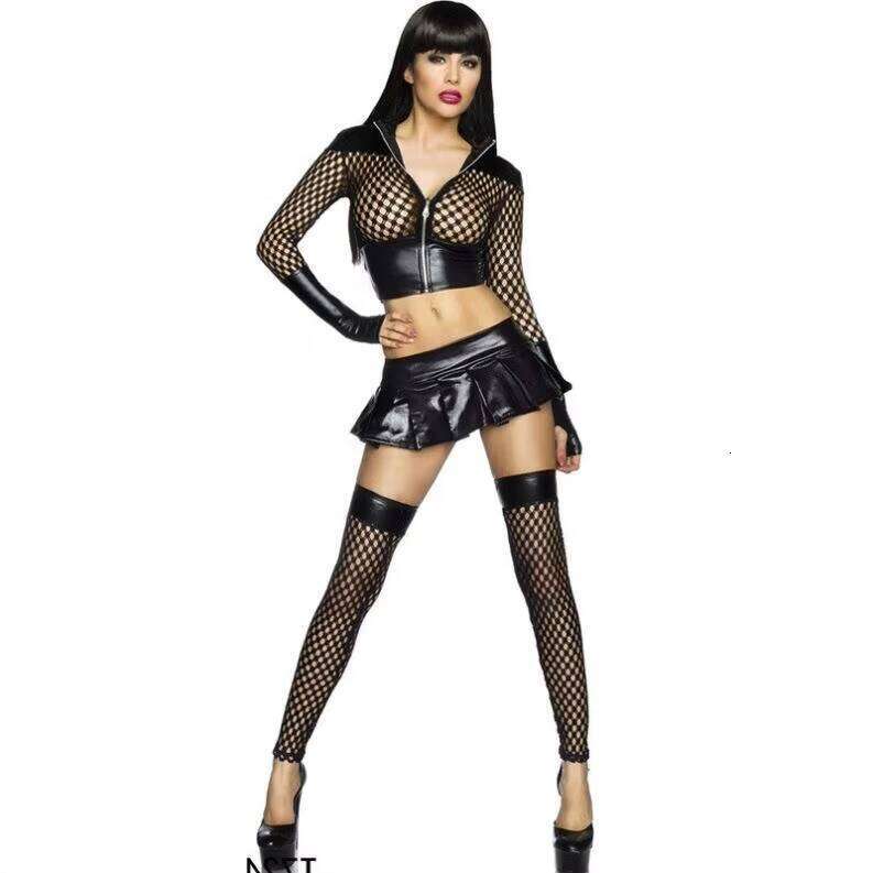 Nightclub 3 Piece Sets Outfits For Women Sexy Hollow-Out Crop Top +Skirt +Socks Sex Clothes Set Lingerie Costumes