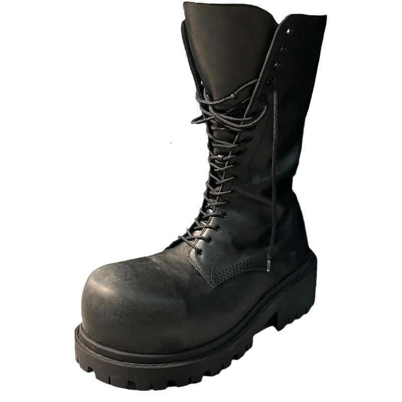 Genuine Leather Super Cool Chunky Martin for Women Round Toe Elevated Mid-Calf Unisex Heel Height Increasing Thick Sole Lace-Up Boots