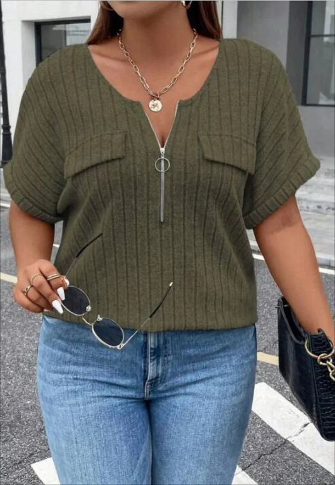 Womens Plus Size Solid Ribbed Zipper Short Sleeve Round Neck Slight Stretch Top 250520