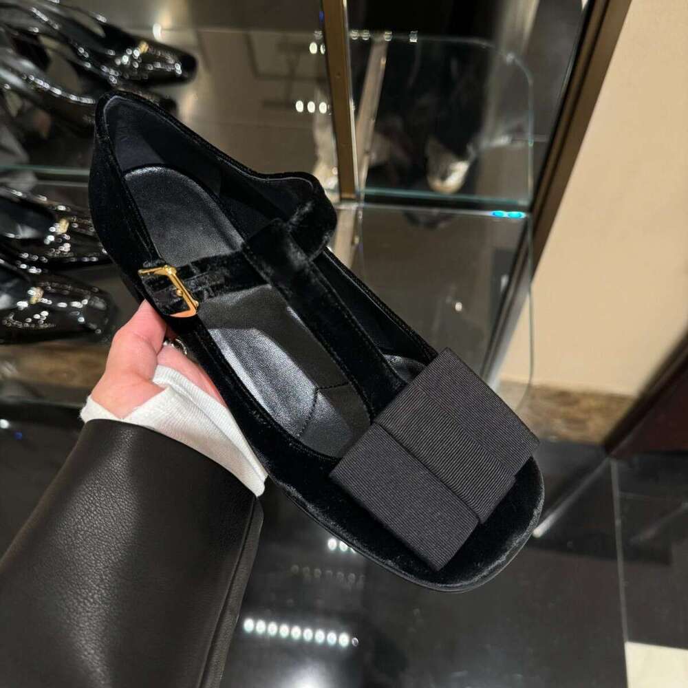 Genuine Leather Velvet French Round Toe T-Strap Mary Jane for Women 2025 Spring New Chunky Heel Bowknot Women's Shoes