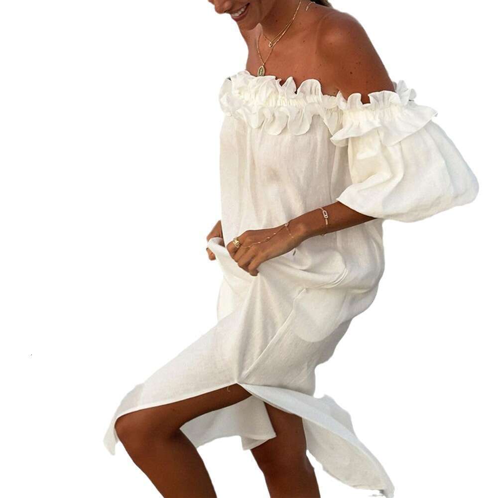Spring/Summer Women's Off-Shoulder Sexy Puff Sleeve Solid Color Ruffle Vacation Beach Dress B5