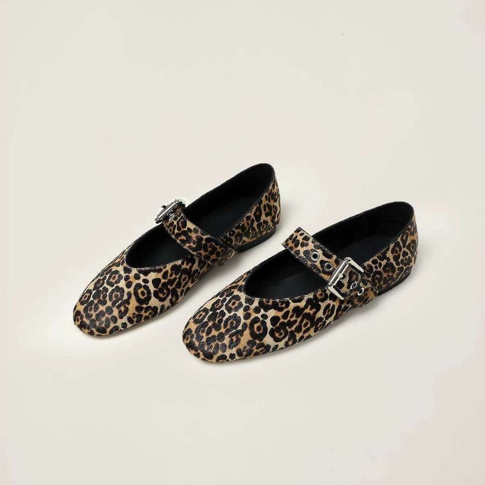 Genuine Leather Niche Horsehair Leopard Print One-Strap Single for Women 2025 Spring Summer Square Toe Shallow Mouth Flat Mary Jane Shoes